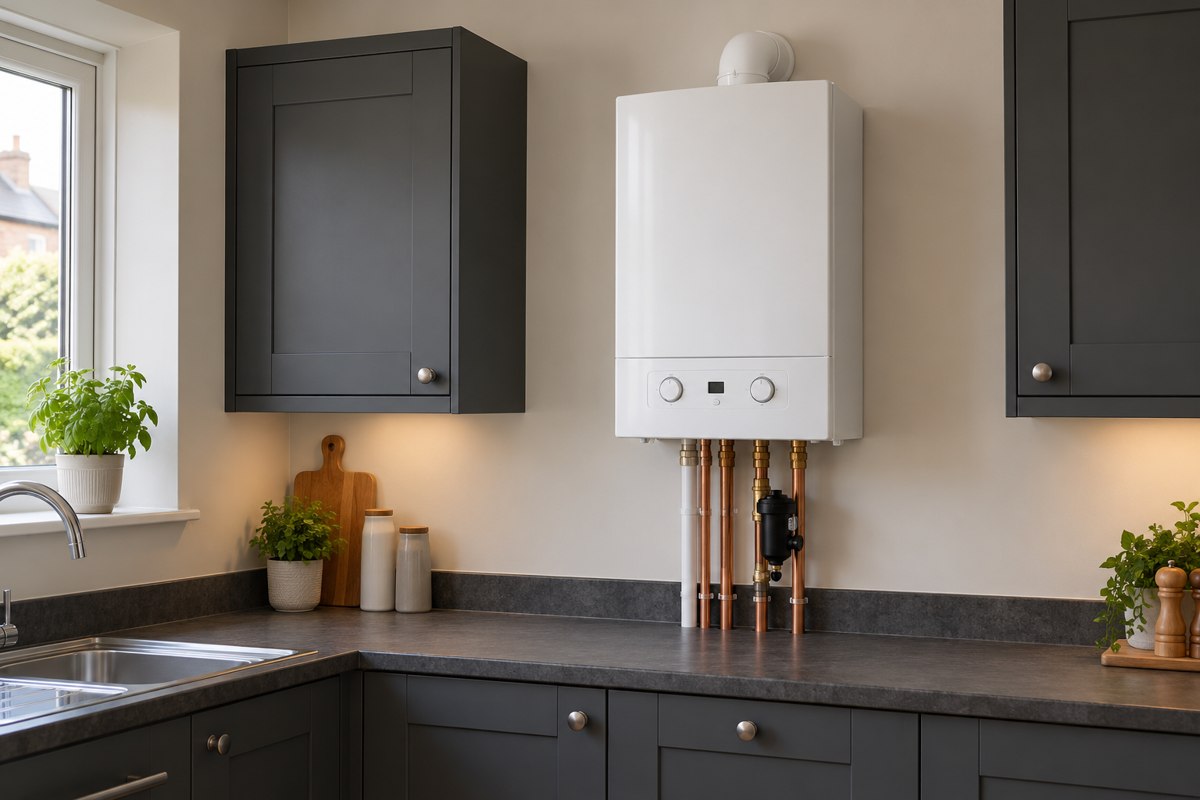 White wall-mounted combi boiler with copper pipework installed in a kitchen