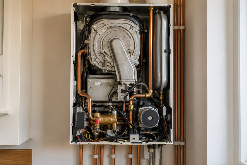 Interior components of a domestic gas boiler with its front cover removed
