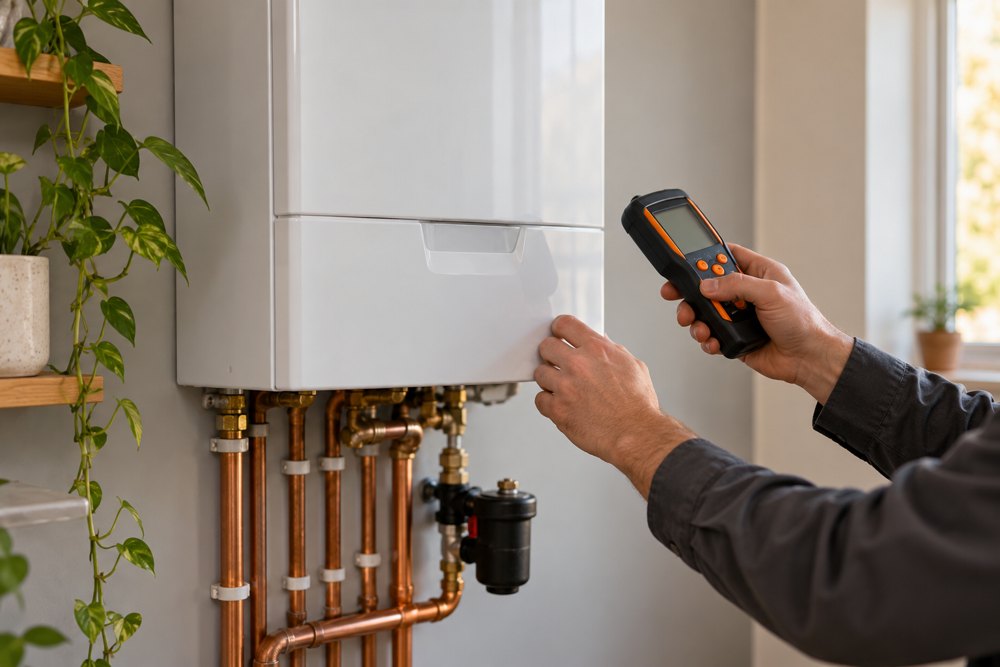 Heating engineer checking a wall-mounted domestic boiler