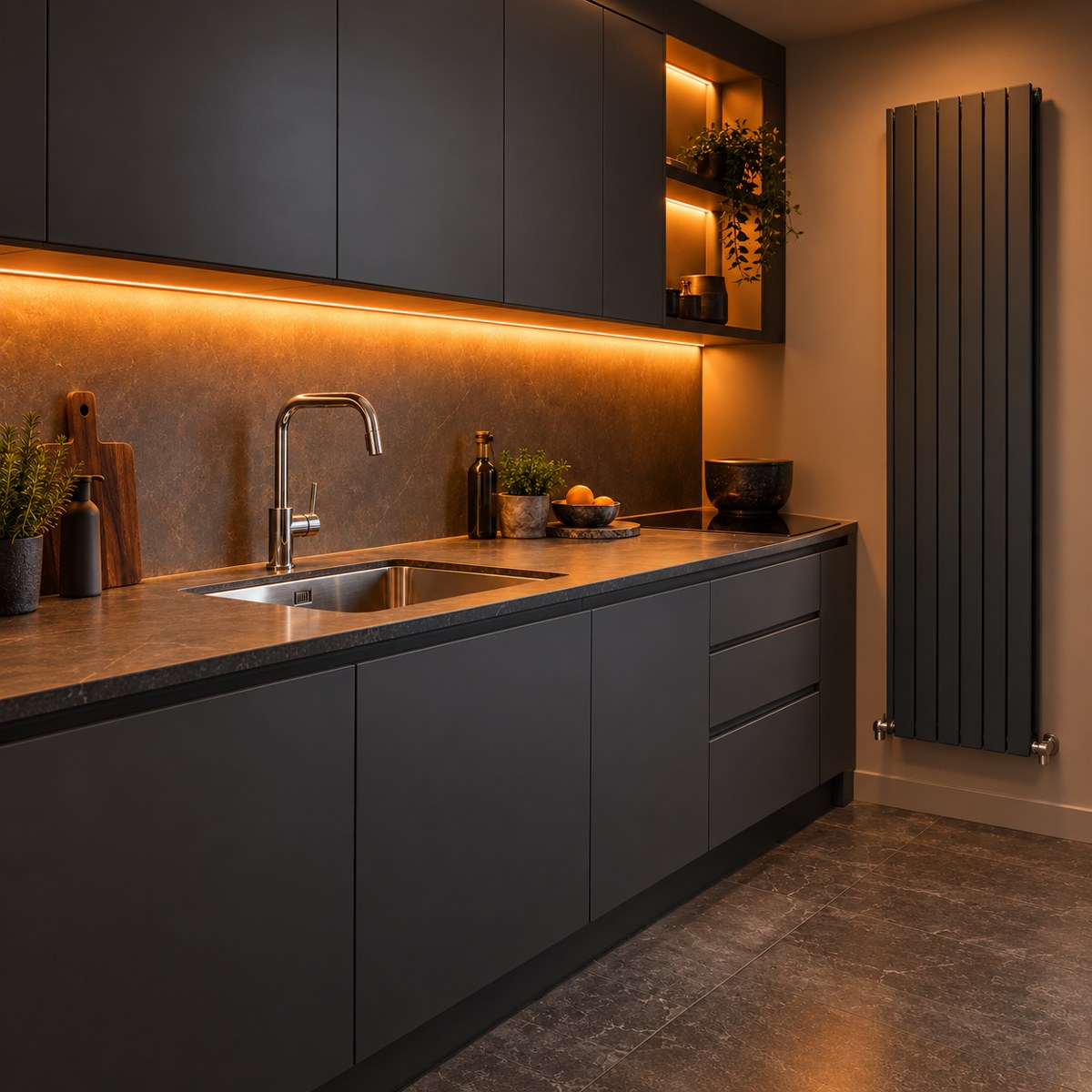 Tall anthracite radiator beside dark kitchen units, a sink and worktop with warm orange lighting
