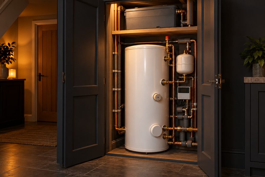 Hot water cylinder with copper pipework in a cupboard