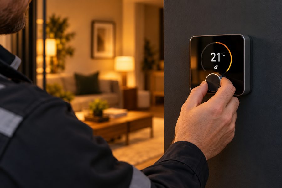 A hand adjusting a smart heating thermostat